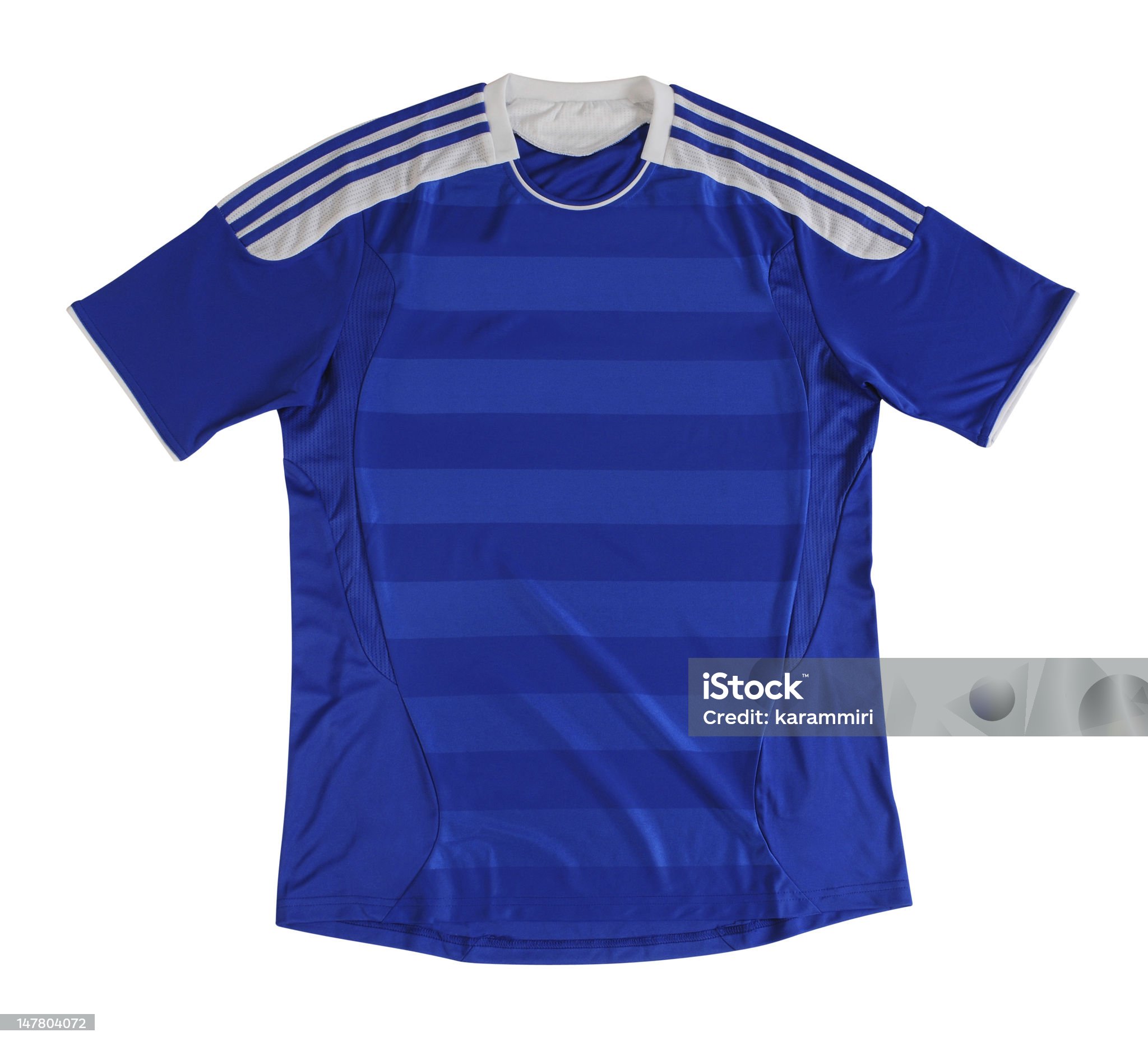 Blue soccer shirt isolated against white background.